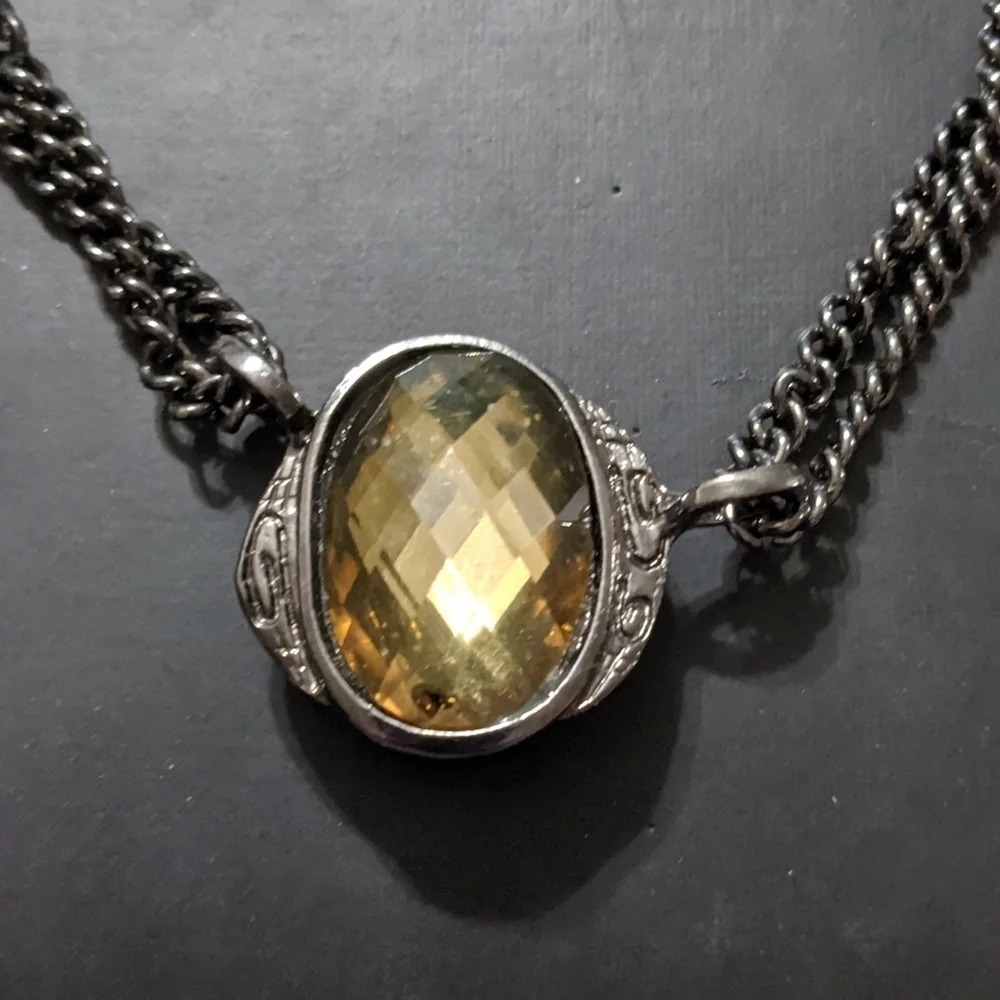Gunmetal Black Chain with Yellow Rhinestones Long Statement Necklace